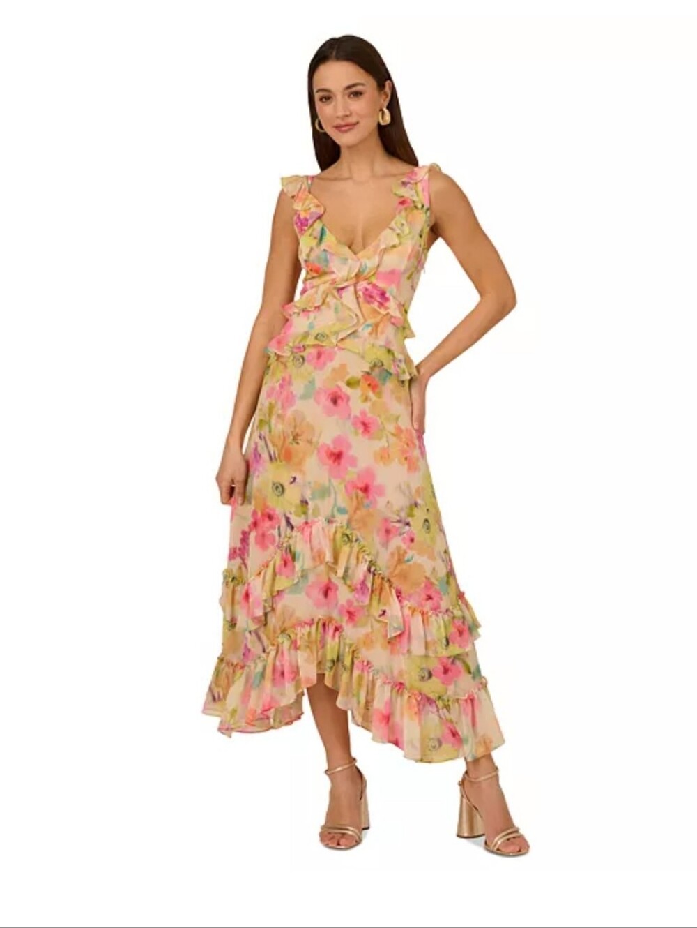 NWT Adrianna Papell Floral Chiffon Maxi Dress 22WRuffle Tiered Sleeveless $275